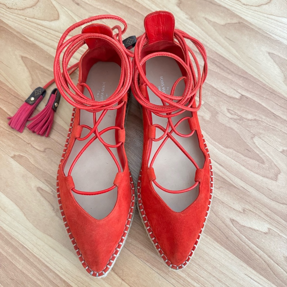 Louis Vuitton Red Suede Lace Up Espadrille Flats - Picture 2 of 14